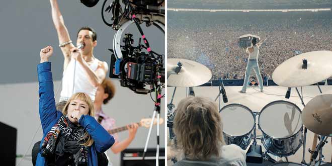Polly Bennett e Rami Malek sul set di Bohemian Rhapsody
